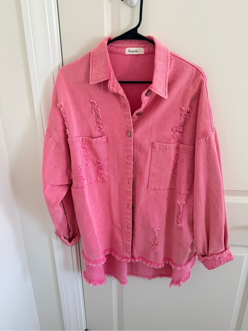 Distressed Pink chambray Oversized Button-Up Shirt Jacket